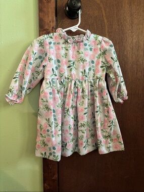 Girls' Floral Long-Sleeve Ruffle Neck Dress - Pink & Green